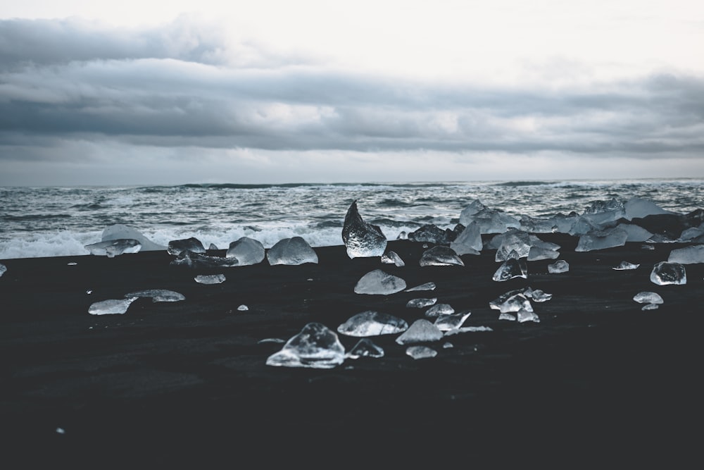 ice on black seashore