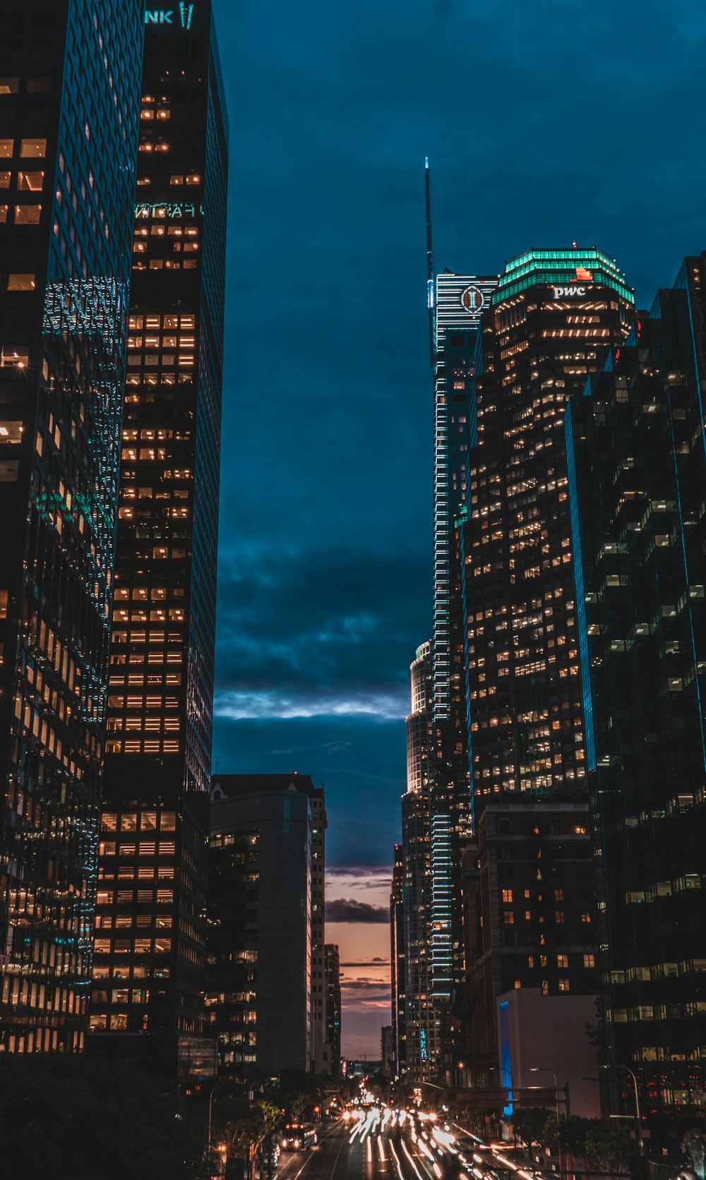 a view of a city street at night