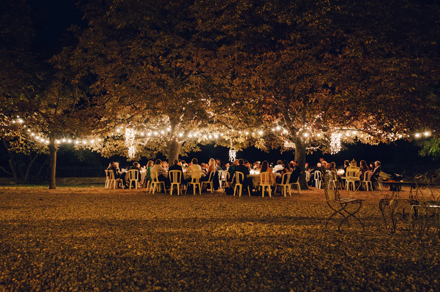 Guests beneath string lights at an evening reception