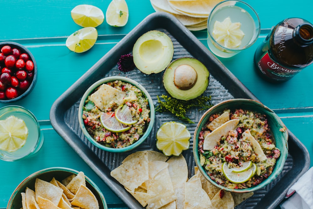 tray of food beside bottle