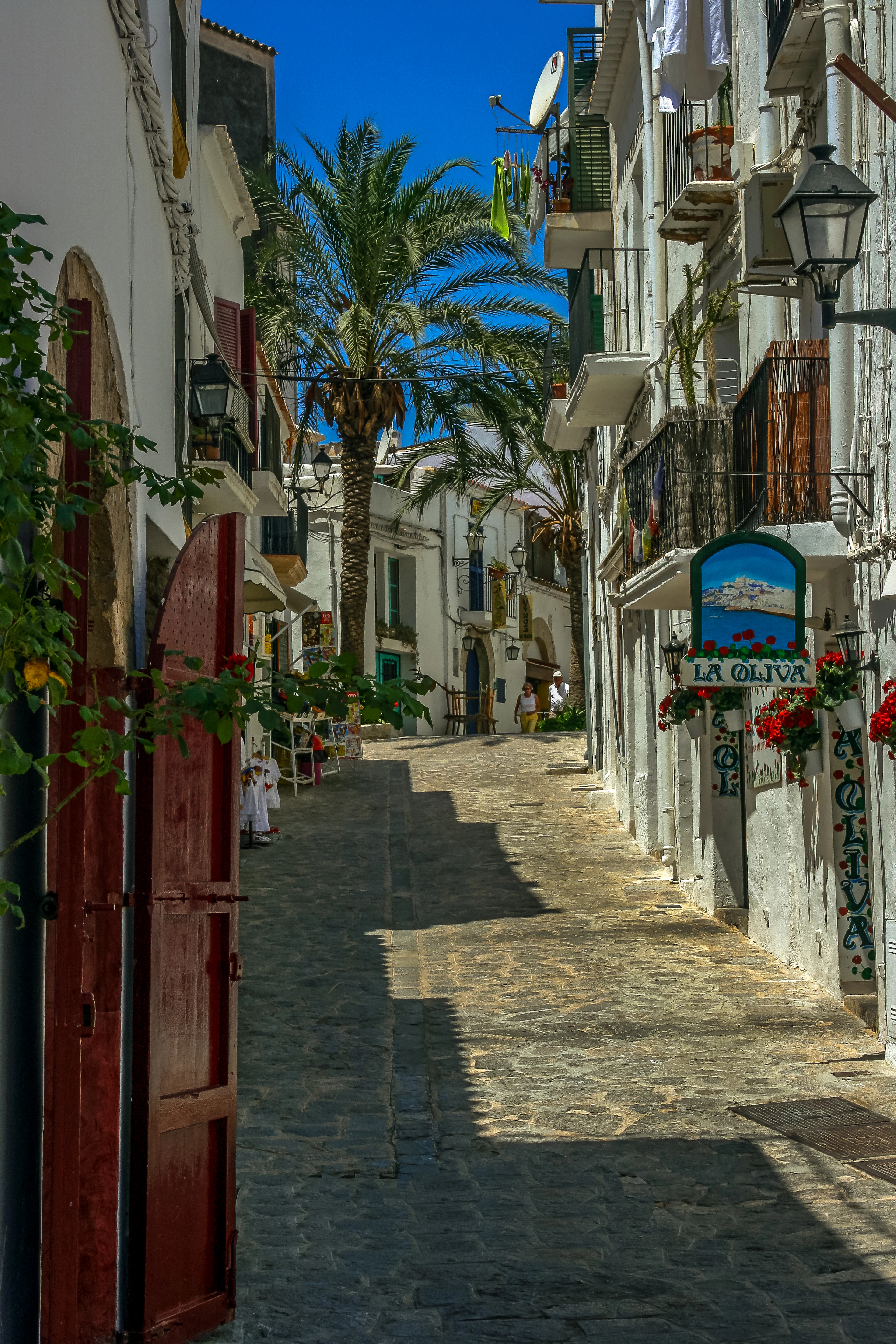 A cobbled lane climbing through Ibiza's Dalt Vila in strong midday sun, whitewashed houses with wooden shutters and geraniums, a tall palm at the top and the hand-painted sign of the La Oliva restaurant on the right.