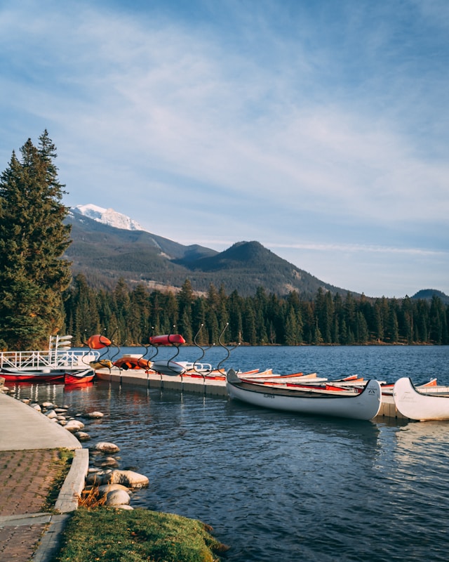 Canoes are lined up along a tranquil lake with a dock. The water is calm, reflecting the clear blue sky. A dense forest and mountainous terrain provide a scenic backdrop, with a snow-capped peak visible in the distance. Tall evergreen trees frame the scene on the left side.