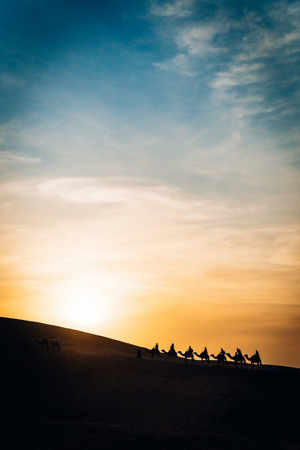 a group of people riding camels across a desert