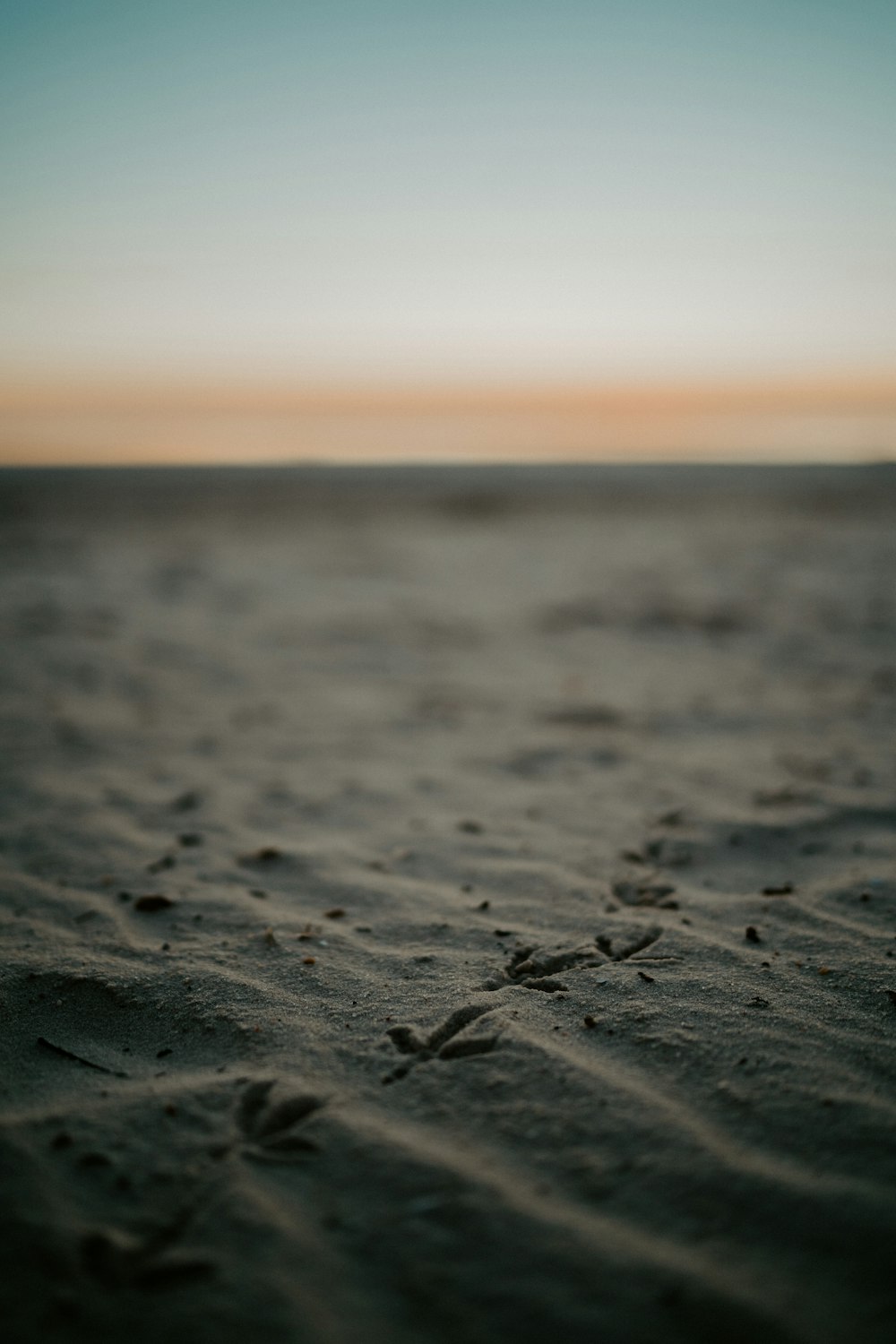 a blurry photo of a beach with footprints in the sand