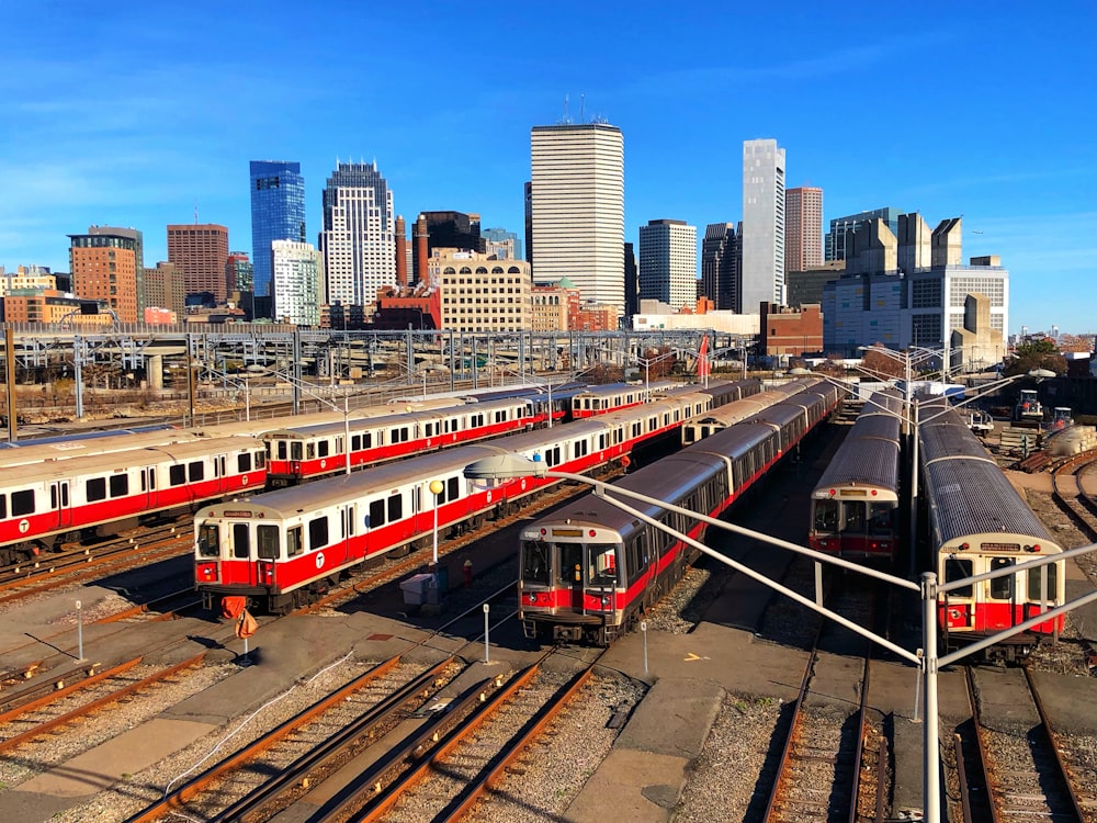 trains parked on concrete pavement