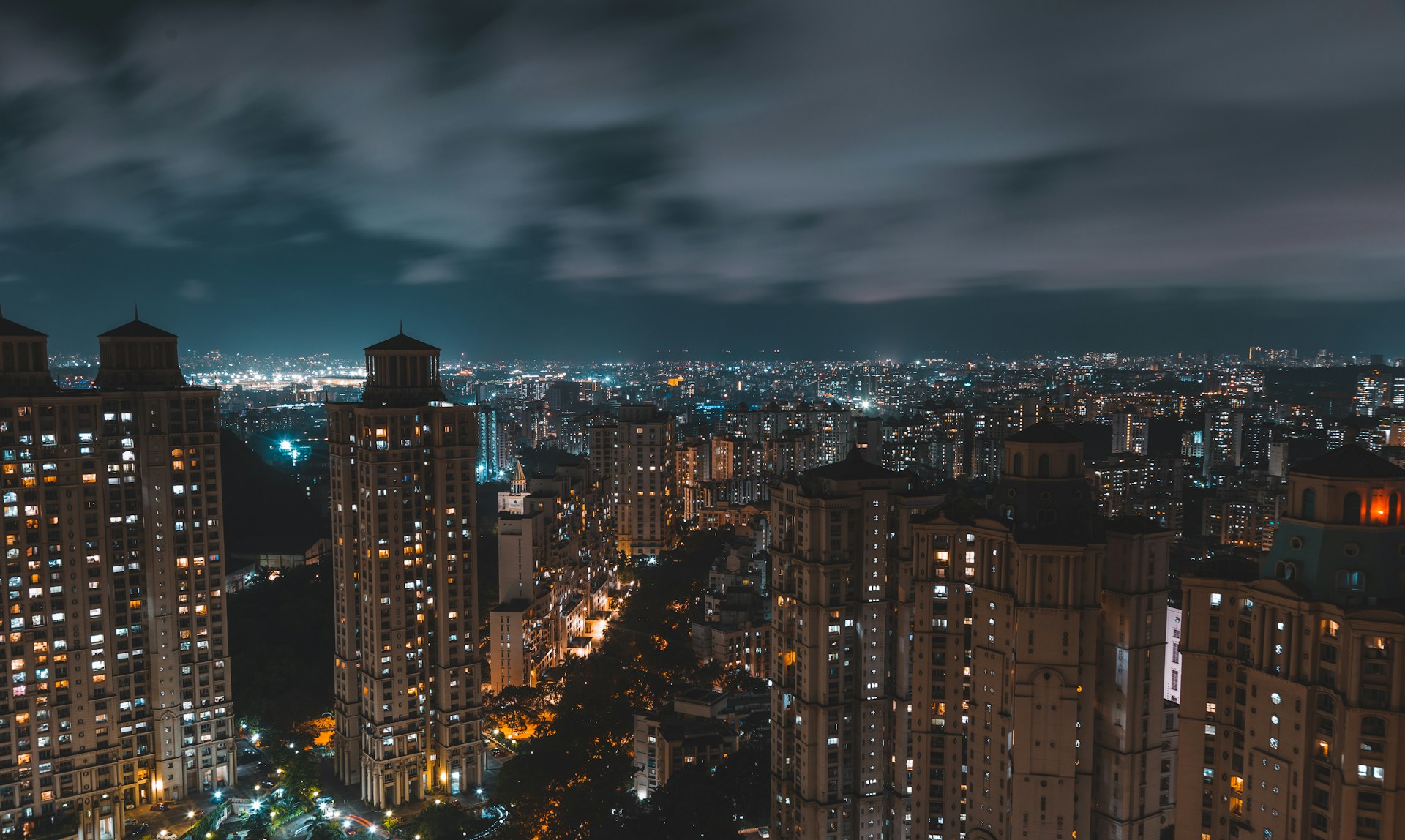 city high-rise buildings at night