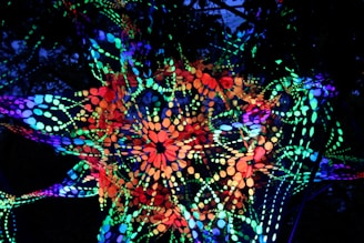 A vibrant and intricate abstract pattern composed of colorful dots and shapes, illuminated against a dark background. The design features a kaleidoscope of colors including reds, greens, blues, and purples, creating a dynamic and mesmerizing visual effect.