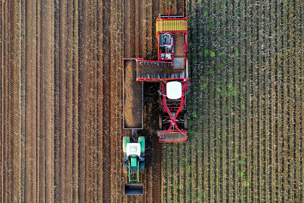 Zwei rot-graue Lkw auf brauner Wiese
