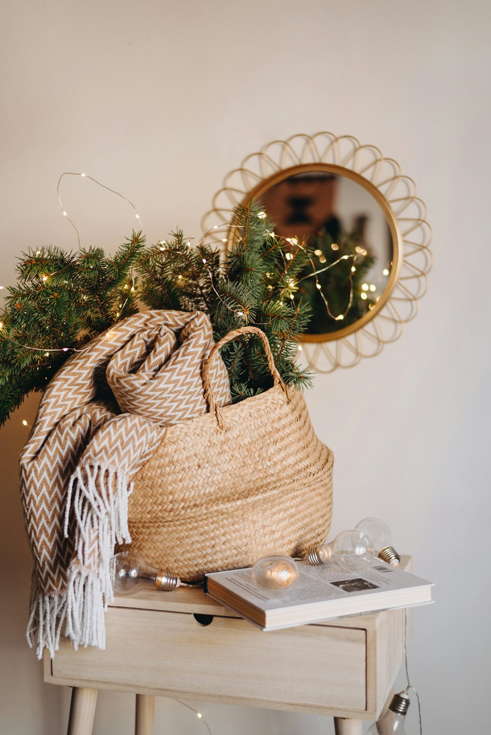 grey fringe textile on basket