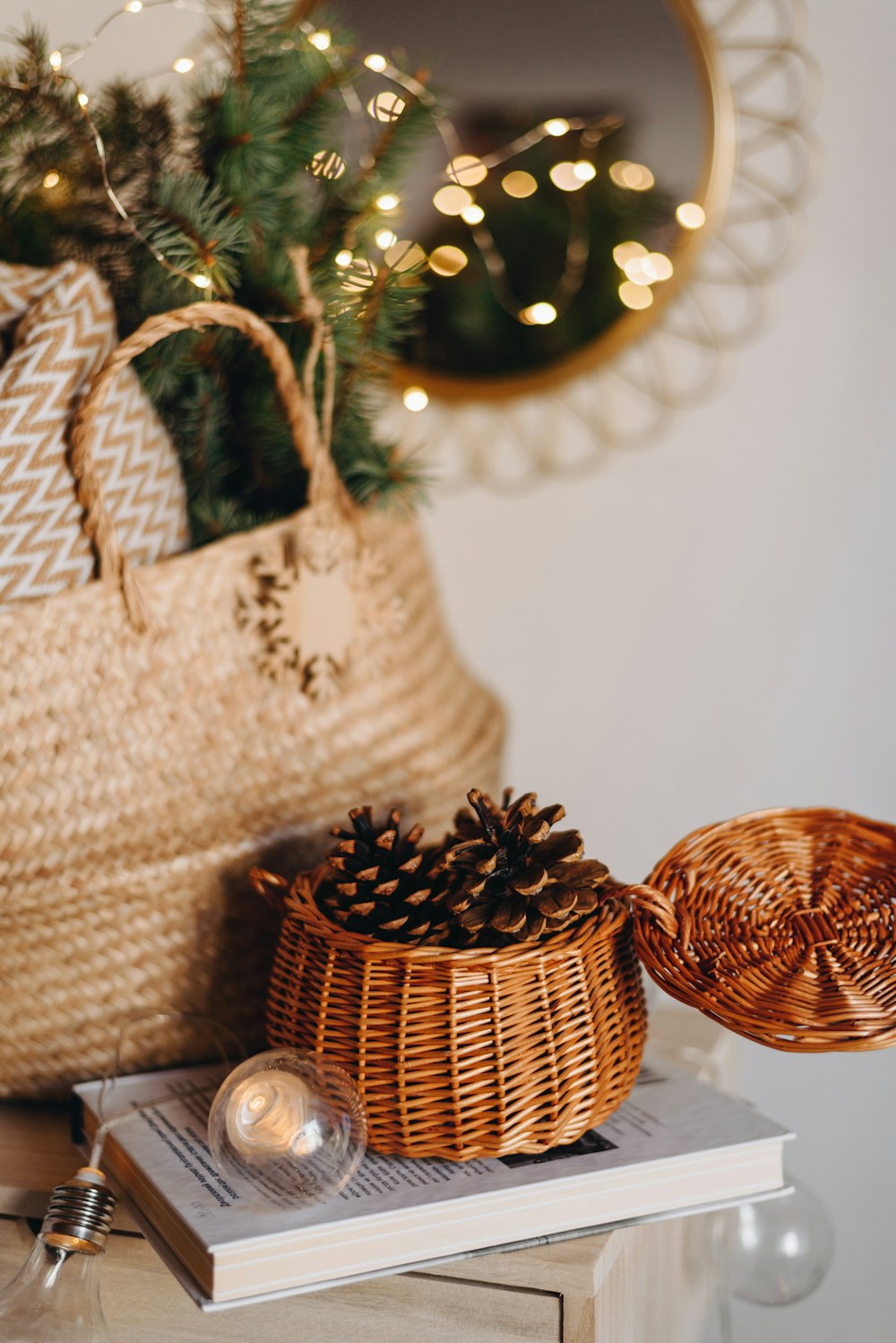 pine cones on wicker basket