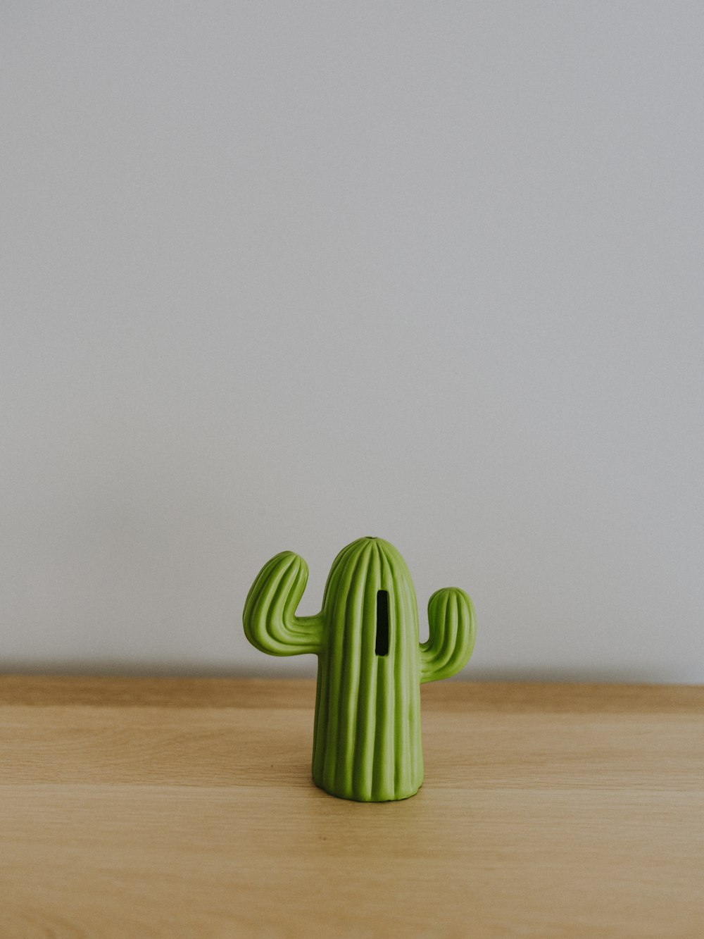 un petit cactus vert posé sur une table en bois
