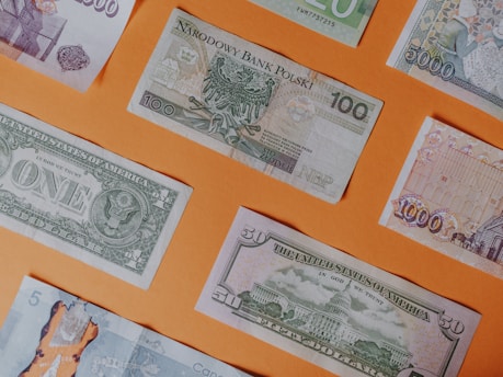 assorted banknotes on orange surface