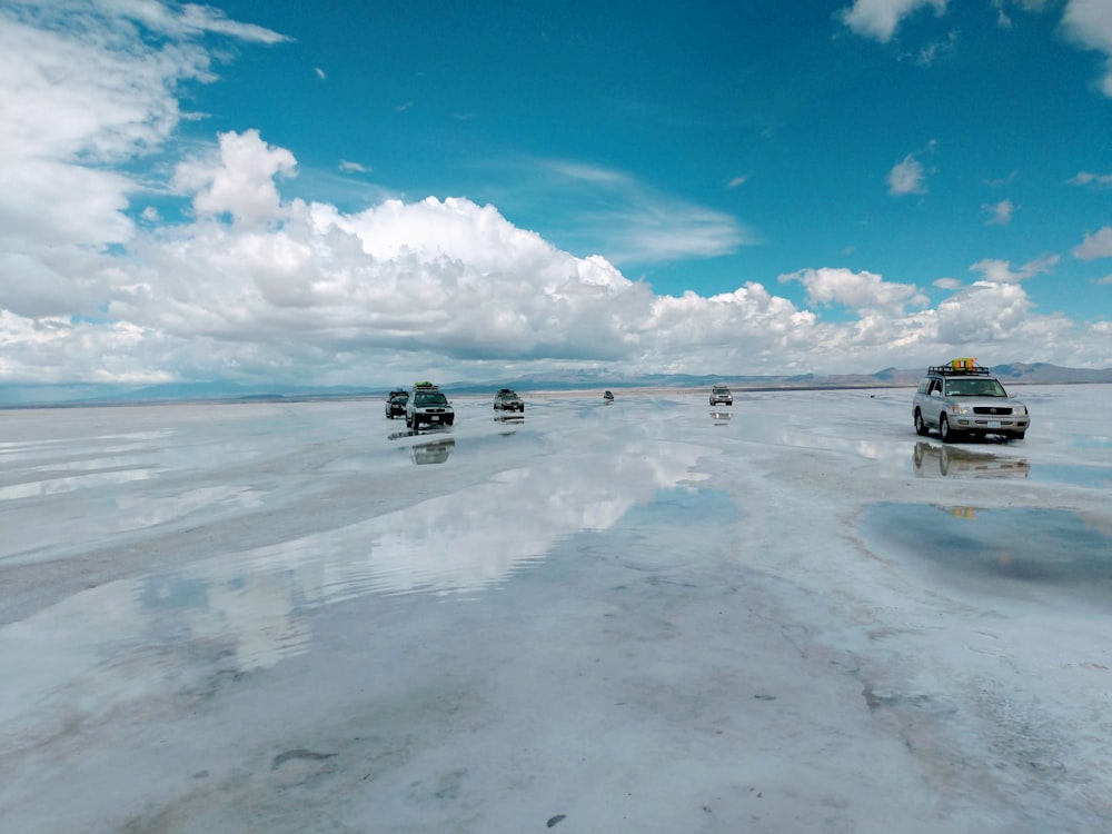 vehicles on watery terrain during daytime