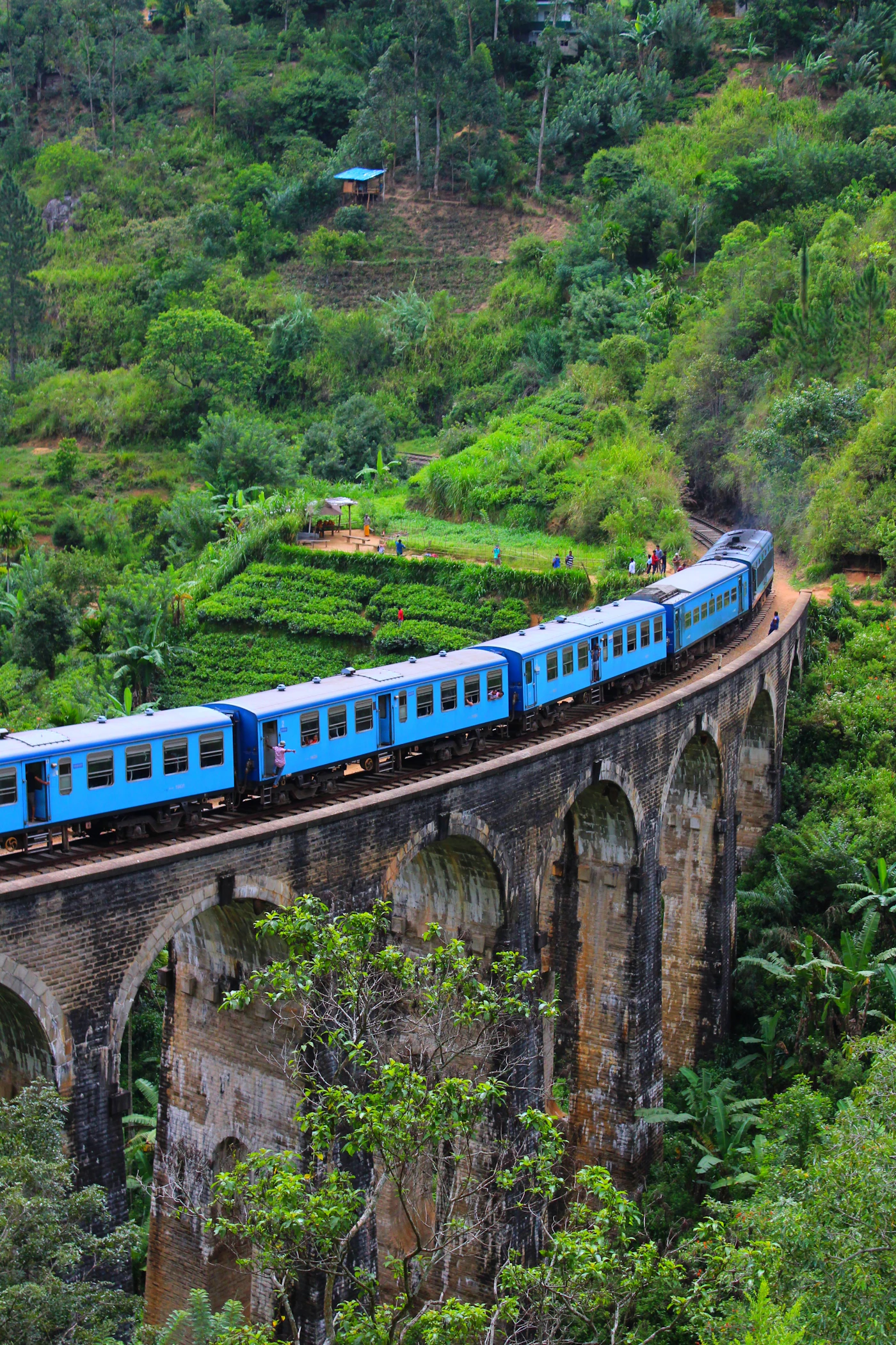 Blue train crossing the Nine Arch Bridge near Ella