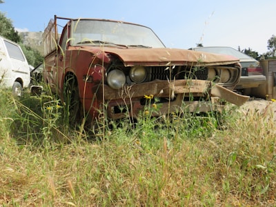 An old, rusty car is parked in an overgrown area with tall grass and wildflowers surrounding it. The car shows significant wear and is missing its bumper. It is stationed alongside other vehicles, possibly in a scrapyard or abandoned lot. The vegetation is lush, indicating a lack of recent human activity.