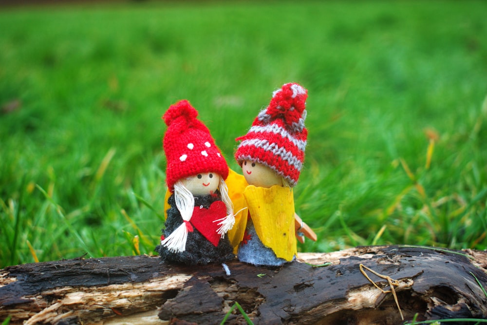 due bambole che indossano berretti di maglia