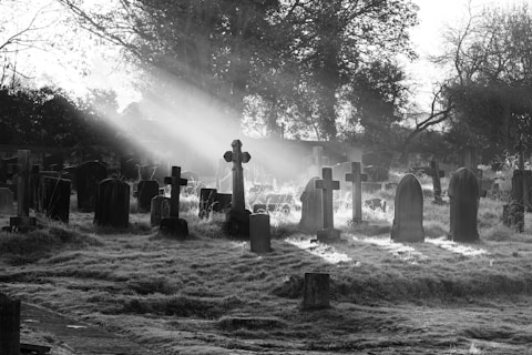 grayscale photography of cemetery