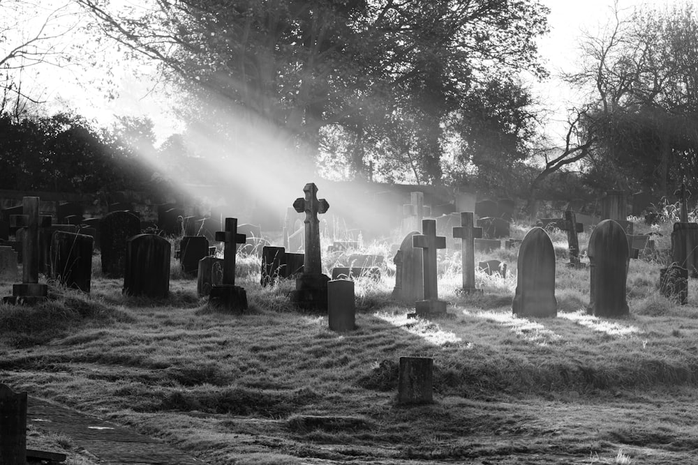 Fotografía en escala de grises del cementerio