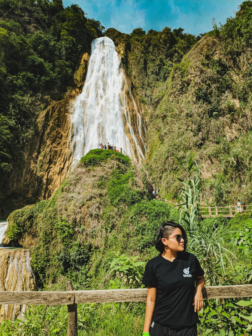 woman leaning on brown rail with waterfall in distant