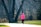 A customer jogging in the park wearing colorful gloves.