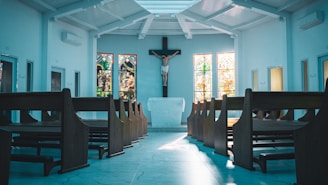 wooden church pews in church