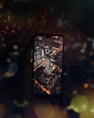 A happy traveler holding a smartphone with an active eSIM connection in a bustling foreign city.