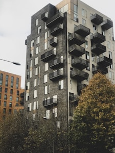 A modern, multi-story apartment building with a mix of dark brick and light-colored paneling, featuring numerous balconies. The foreground is dominated by tall, leafy trees in autumn hues, adding a natural element to the urban scene. Adjacent buildings with similar architectural styles are partially visible.