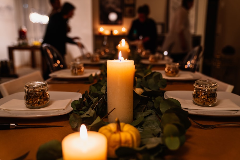 lighted candles on table