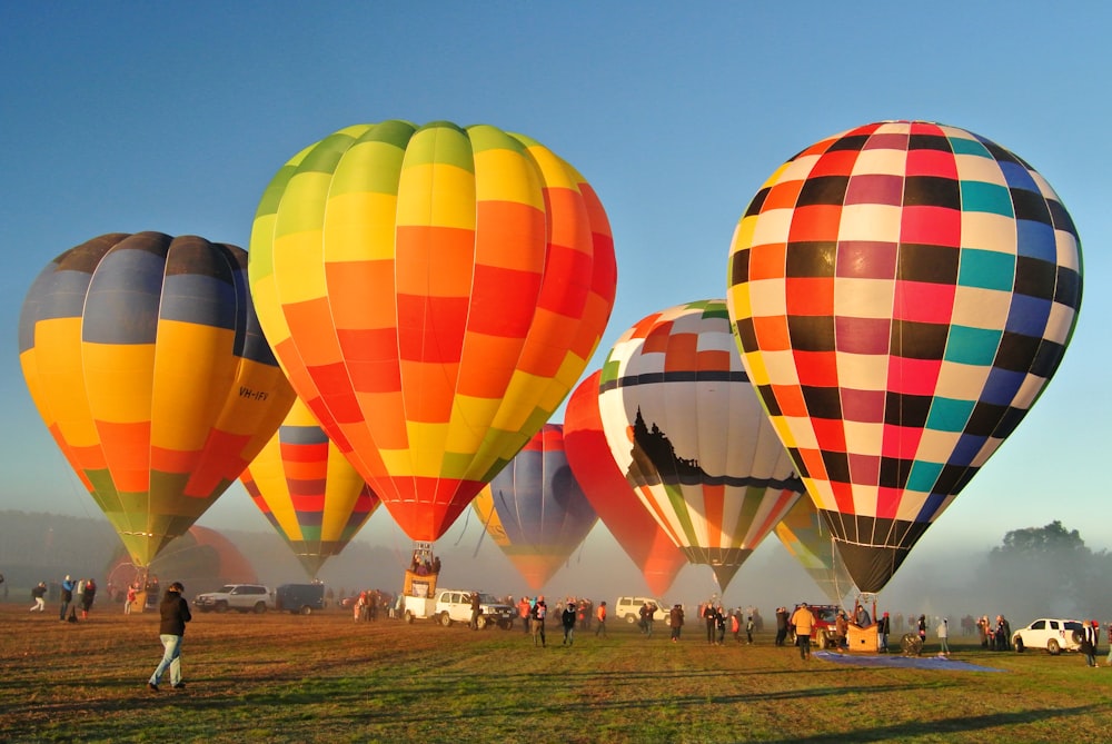 group of people standing on landscape field with hot air balloons