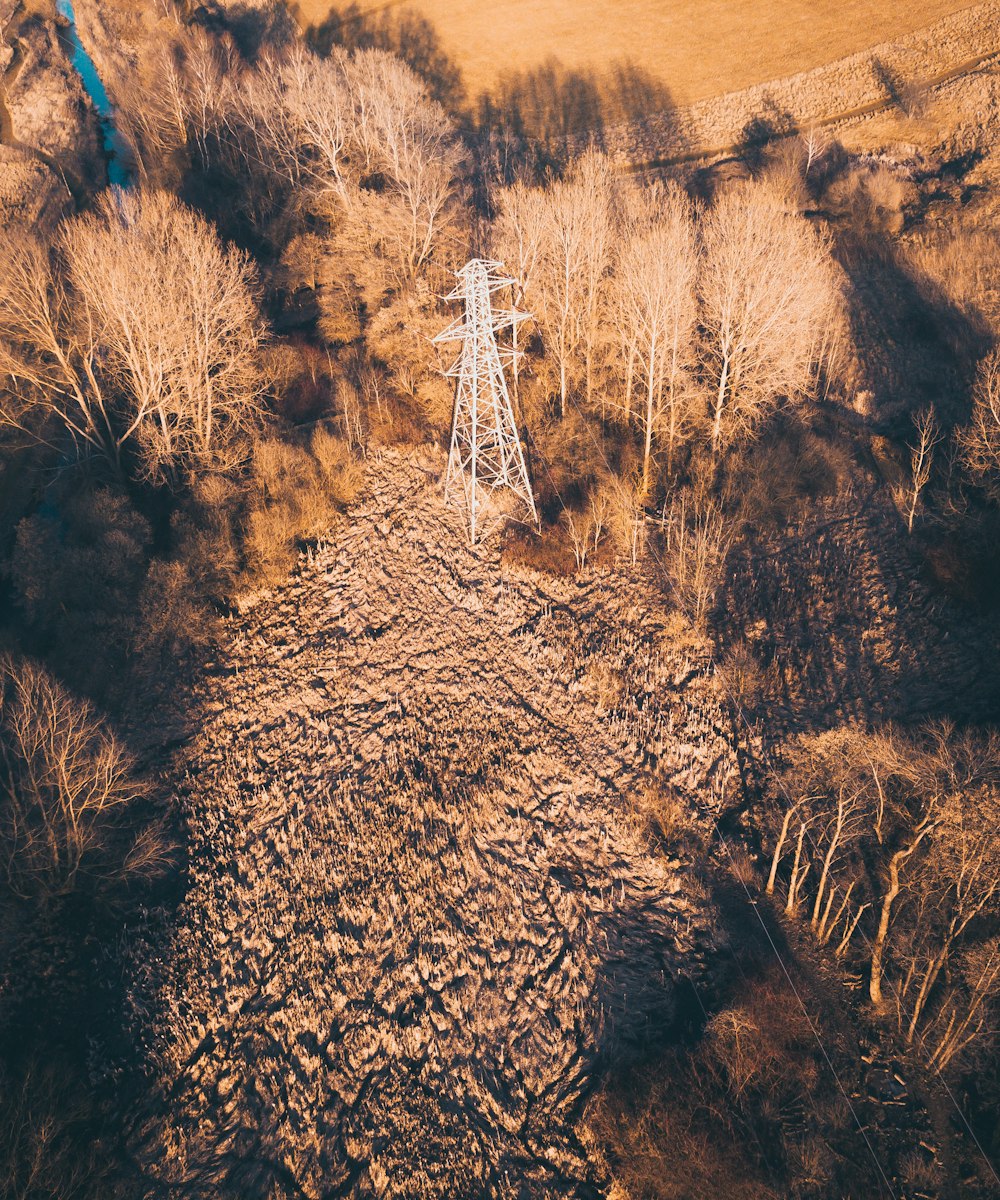 bird's-eye view photo of transmission tower surrounded by trees