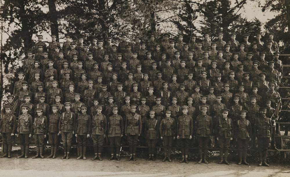 grayscale photography of army group picture