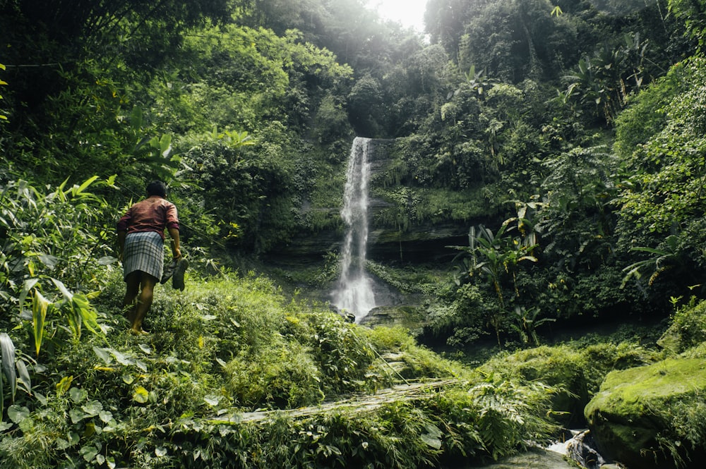 homme debout près des chutes d’eau