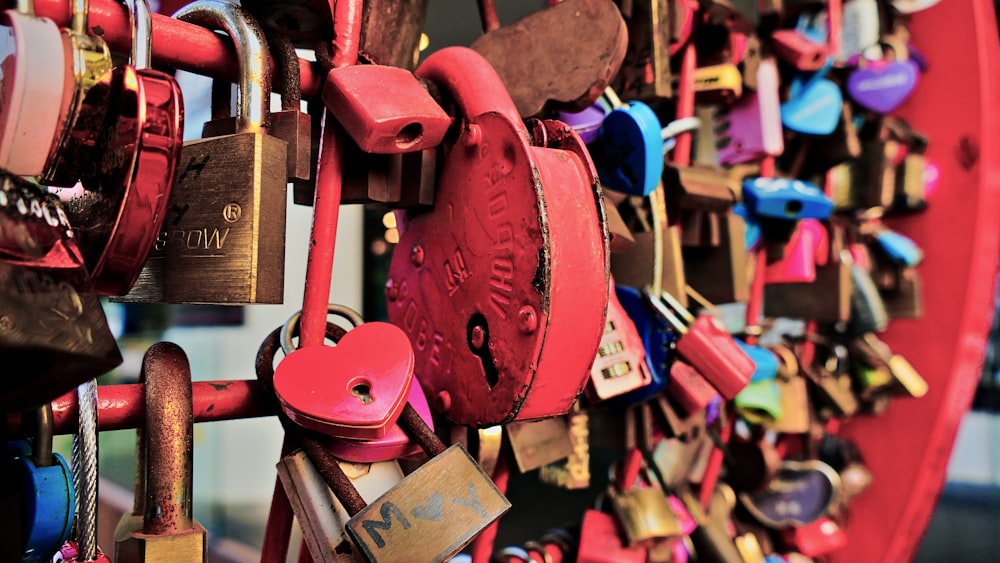 metal padlocks on red fence