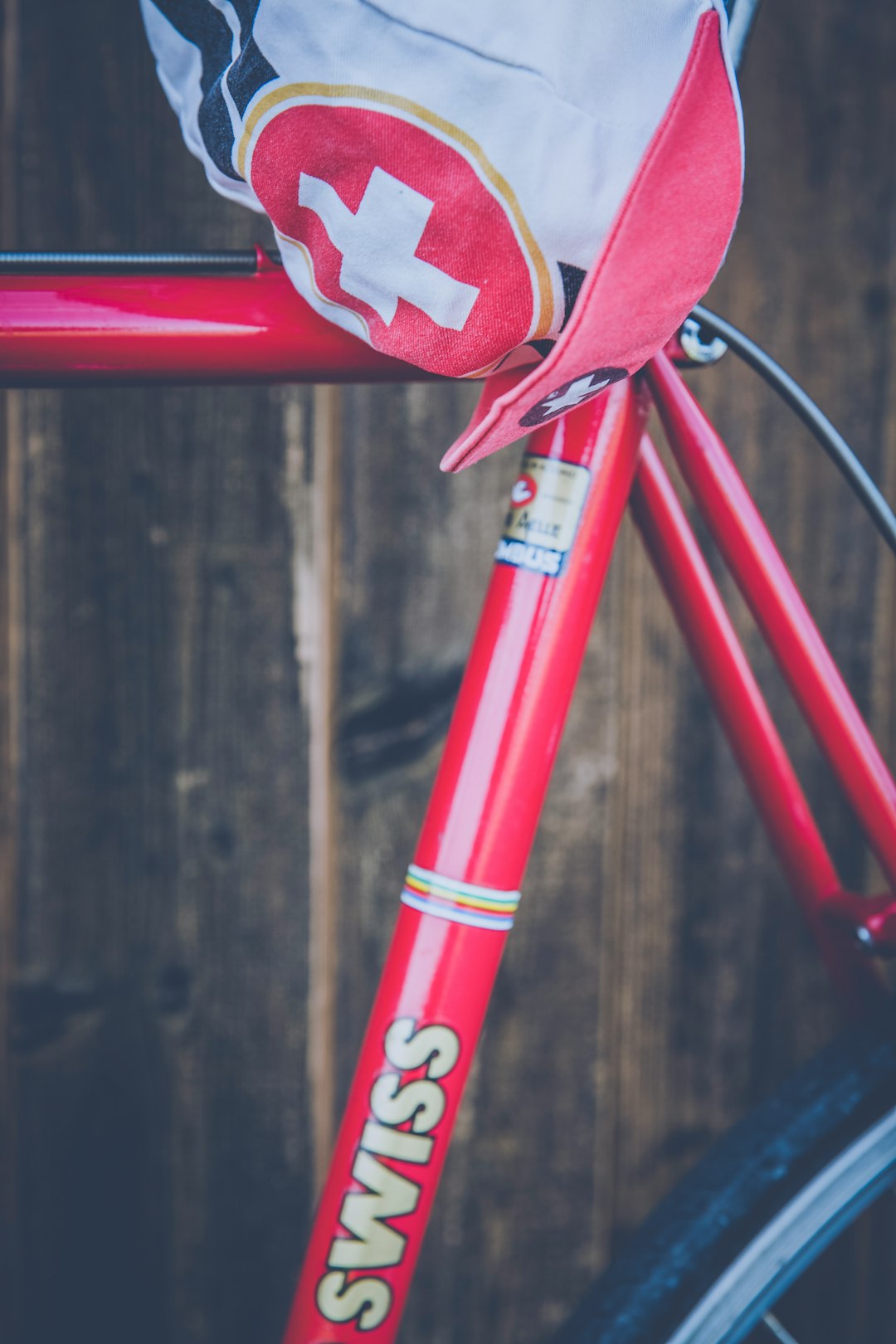 closeup photo of red Swiss bicycle
