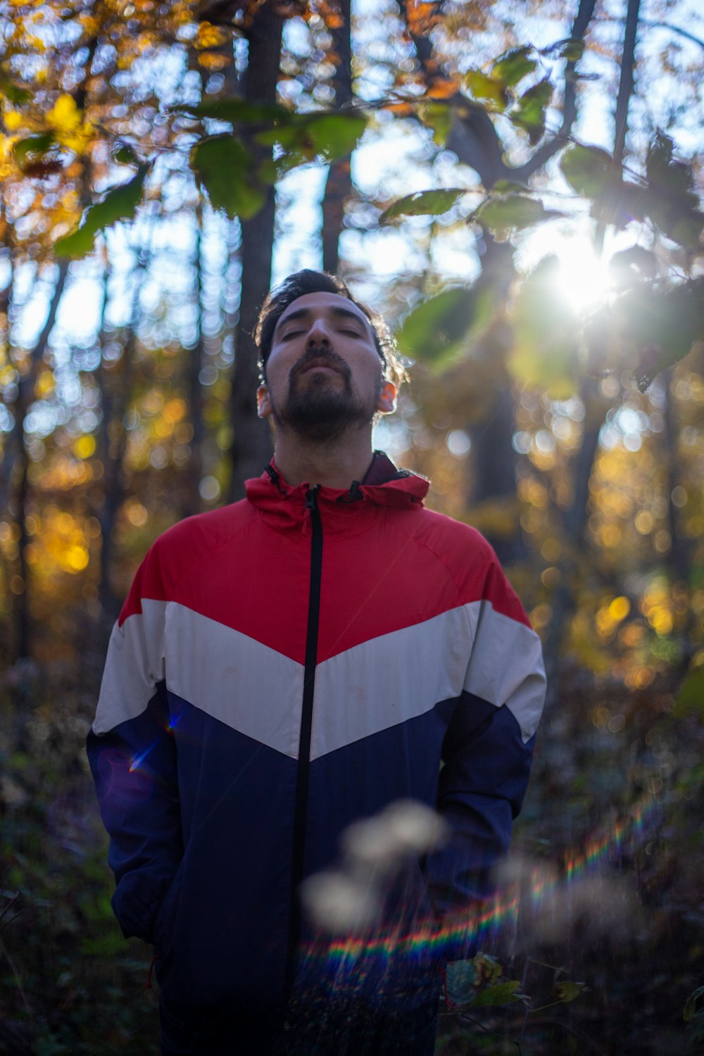 Foto Hombre chaqueta con cremallera roja, blanca y azul en el bosque – Imagen Mano× en Unsplash