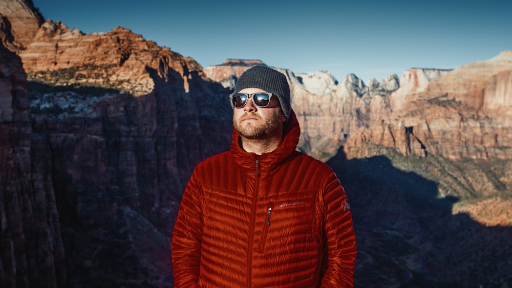 man in red full-zip hoodie