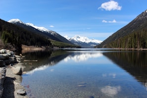 A serene lake reflecting towering snow-capped mountains under a clear blue sky in northern Pakistan