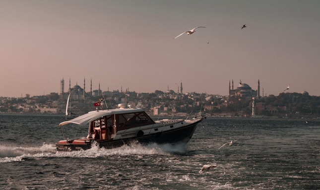 A boat is traveling through the water with seagulls flying overhead. In the background, a cityscape features several mosques with domes and minarets, under a clear sky.