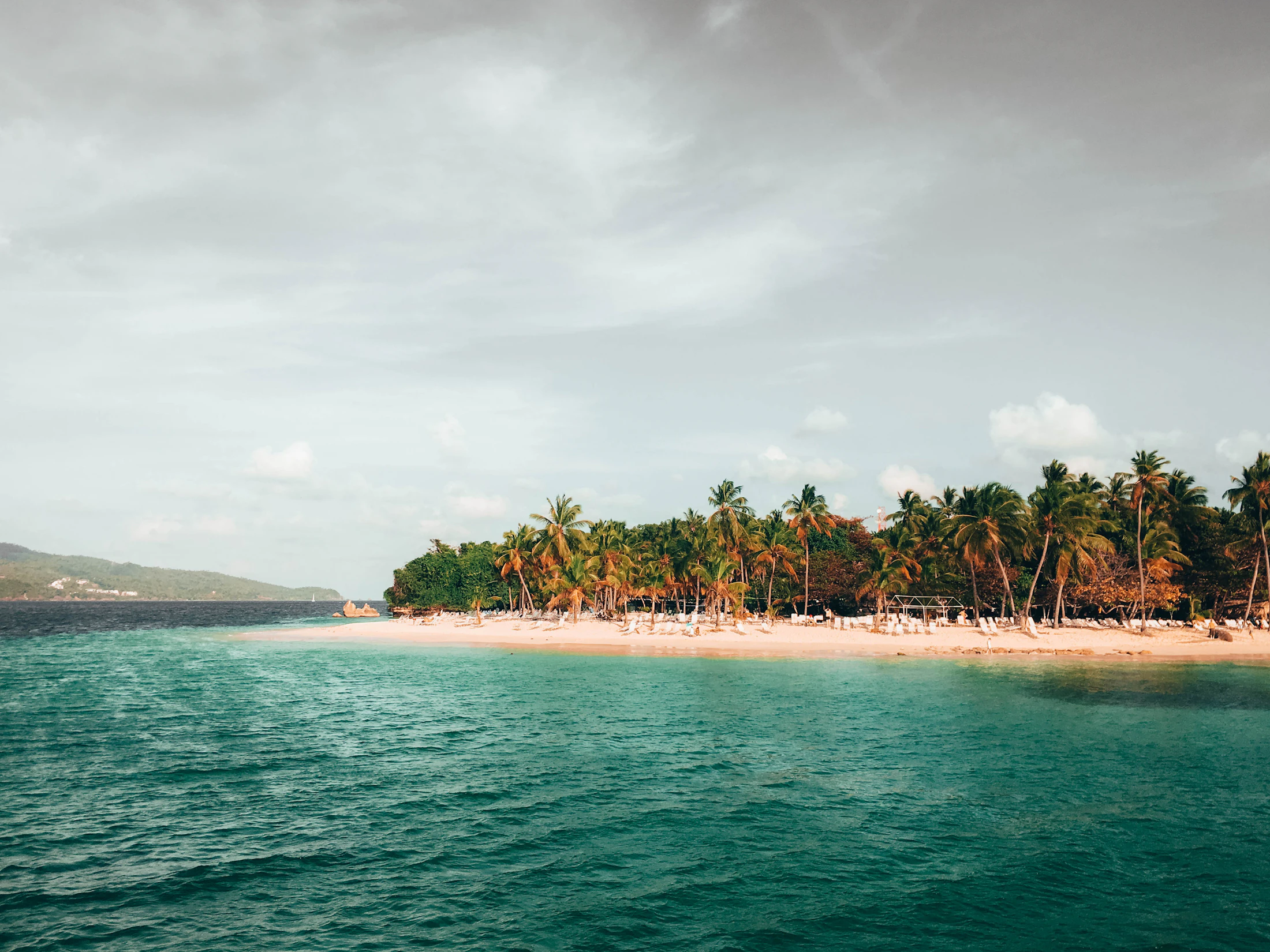Coconut palms leaning over flat calm water at El Portillo
