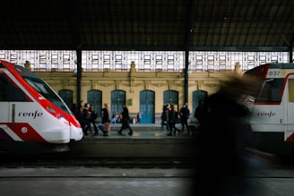 view photography of red and white train station
