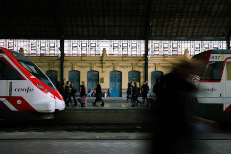 view photography of red and white train station