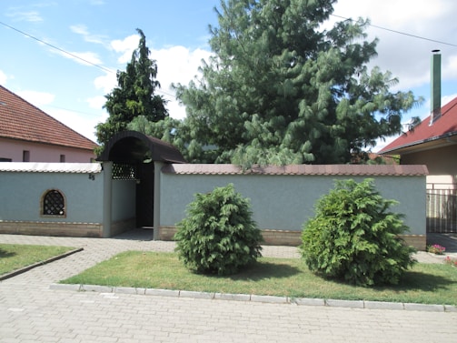 A residential scene features a tall green tree and two smaller bushes in front of a wall with a gate. The wall has an arched entryway and is bordered by brickwork. The surroundings include a paved pathway and a neighboring house with a red-brown roof, set under a partly cloudy sky.