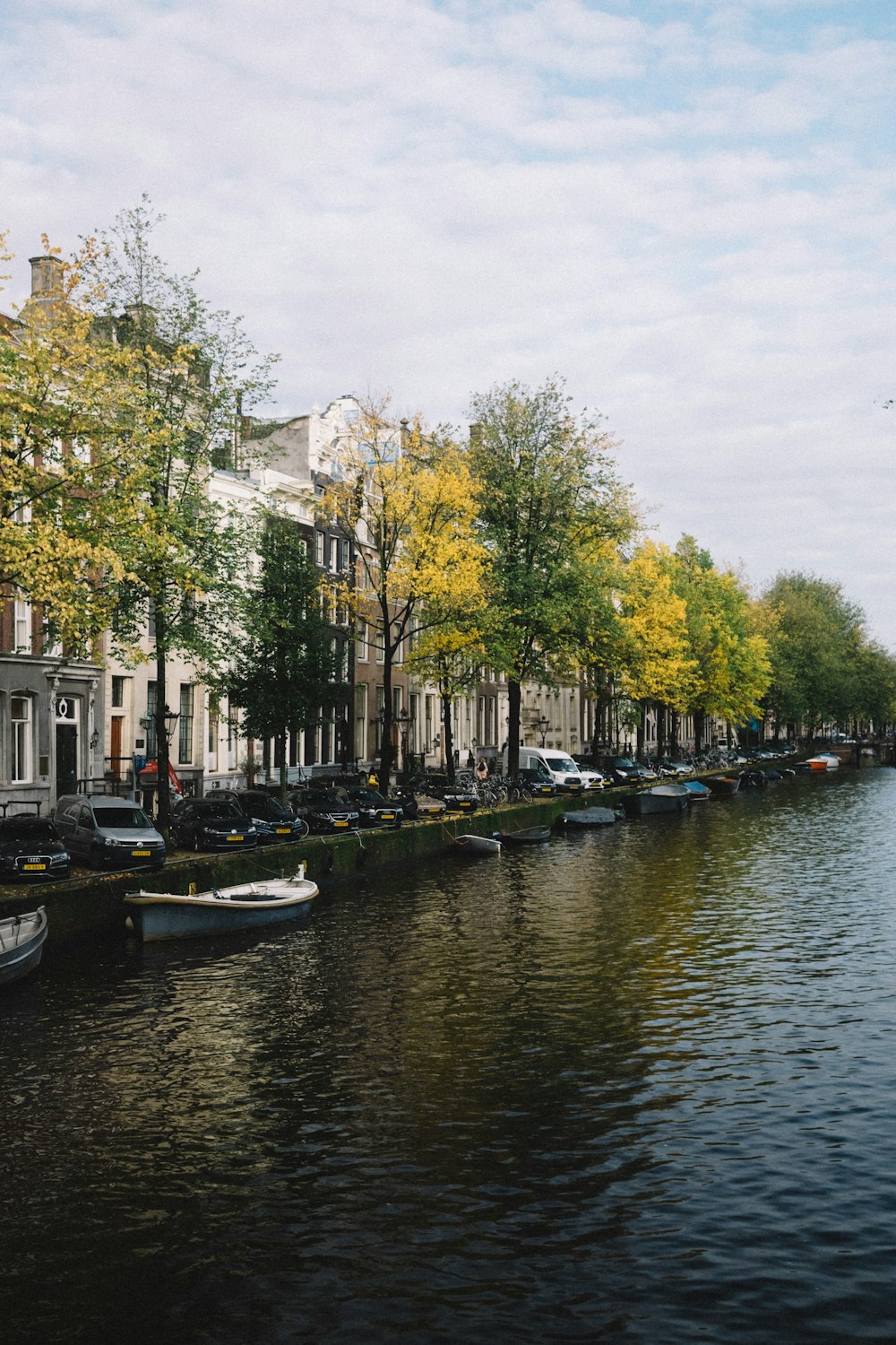 different vehicles parking near building viewing body of water under white and blue sky