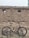 A mountain bike with a beige frame, featuring brand logos and components, is positioned against an old, rustic brick wall with a few small openings. The ground is uneven, and scattered stones and patches of grass are visible.