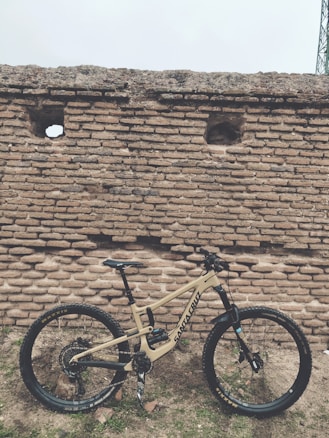 A mountain bike with a beige frame, featuring brand logos and components, is positioned against an old, rustic brick wall with a few small openings. The ground is uneven, and scattered stones and patches of grass are visible.