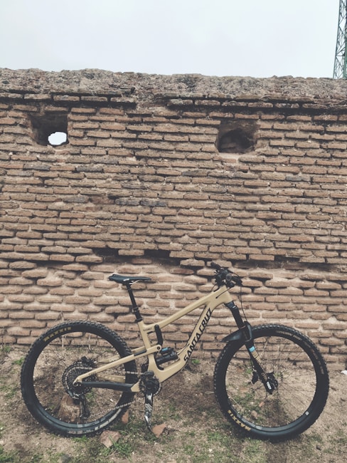 A mountain bike with a beige frame, featuring brand logos and components, is positioned against an old, rustic brick wall with a few small openings. The ground is uneven, and scattered stones and patches of grass are visible.