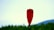 A single red kayak paddle stands upright against a backdrop of a clear light blue sky. Below the paddle, a line of green trees and a distant blue hill create a serene and natural setting.