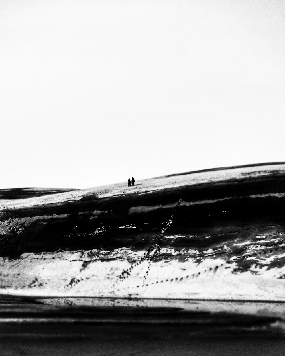 a black and white photo of two people standing on a beach