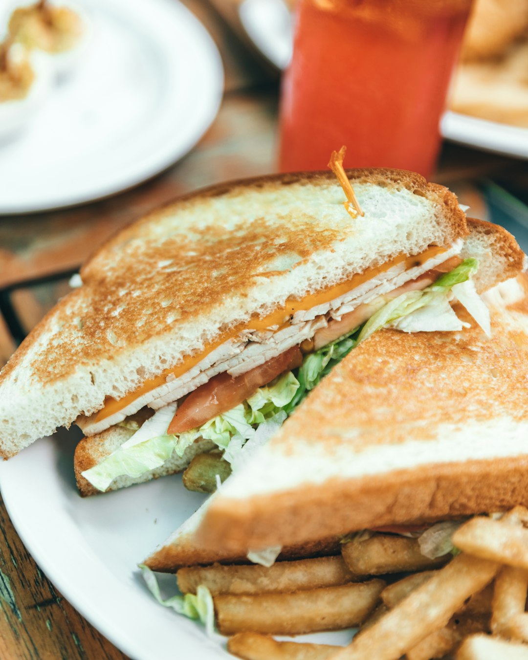 selective focus photo of toasted bread with coleslaw and fries on white plate