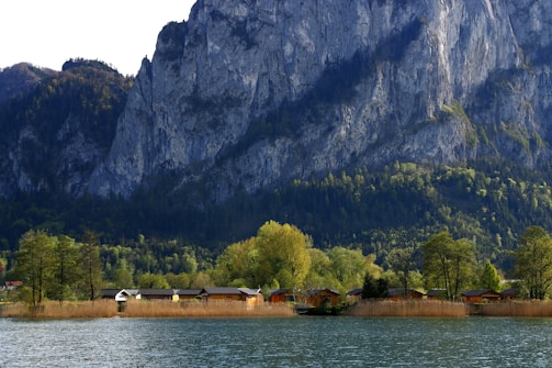 Small houses are nestled among lush trees at the base of a towering rocky mountain. The scene is bordered by a tranquil lake in the foreground, reflecting the natural beauty and diversity of the landscape.